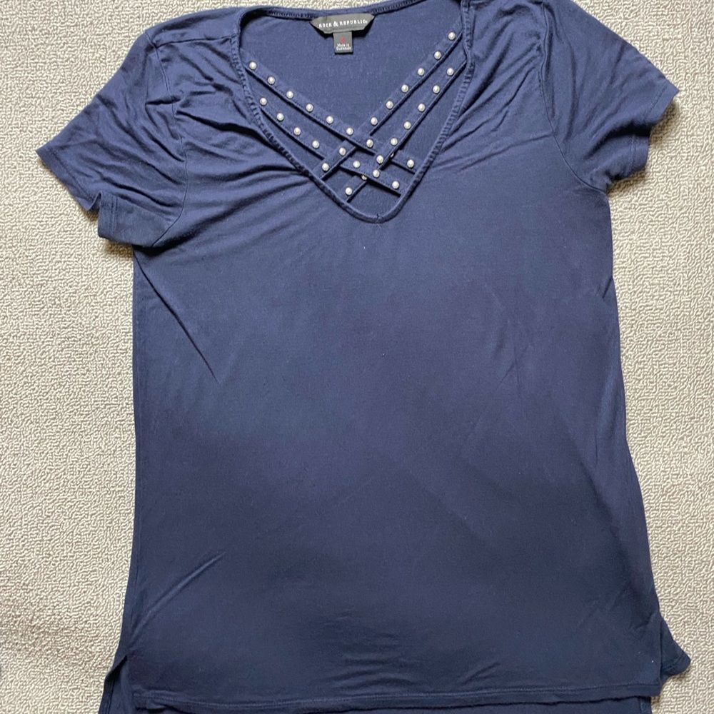 Rock & Republic Navy Short Sleeve Top with Studded Neckline
